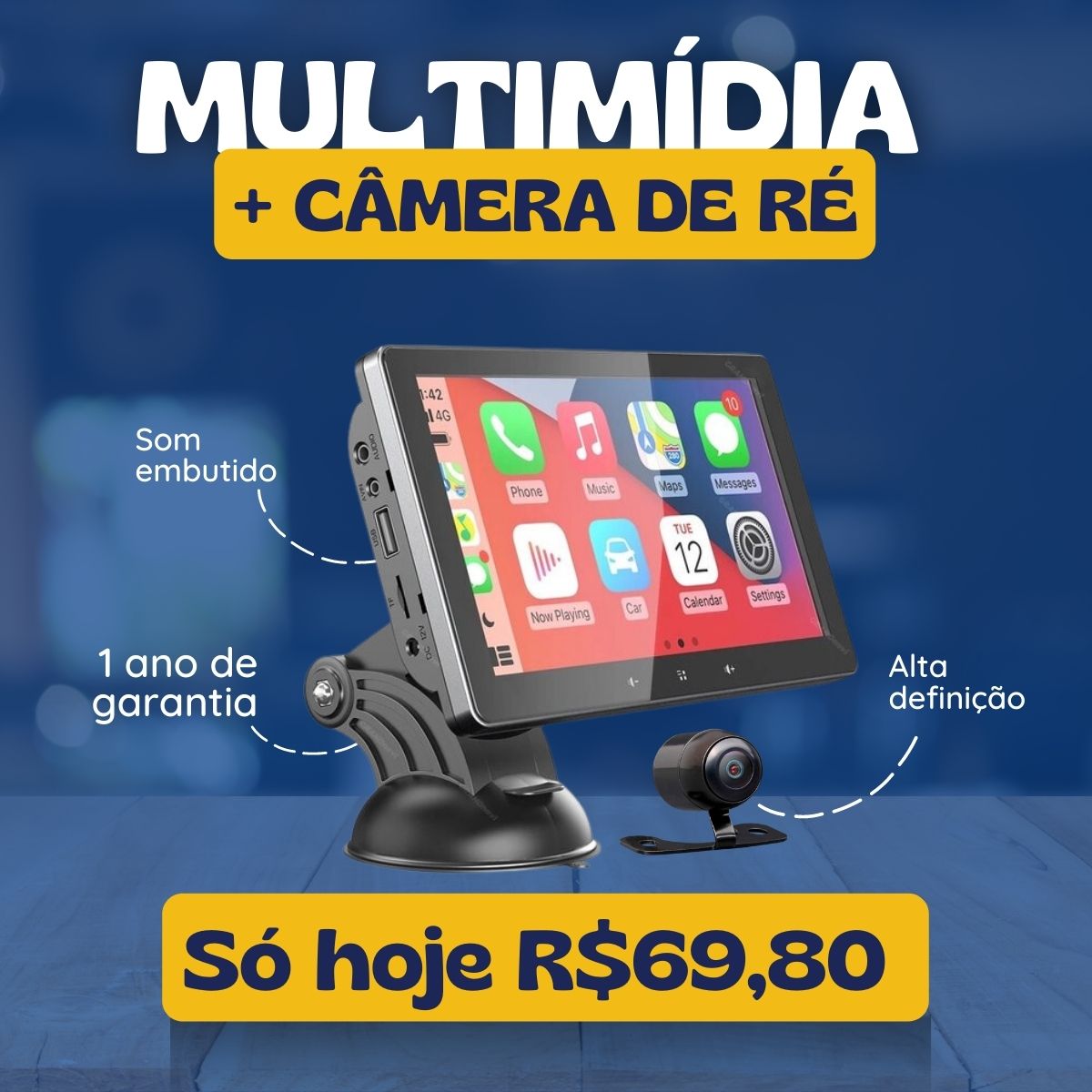 Smart Carplay™ - MULTIMÍDIA PORTÁTIL + BRINDE CÂMERA DE RÉ